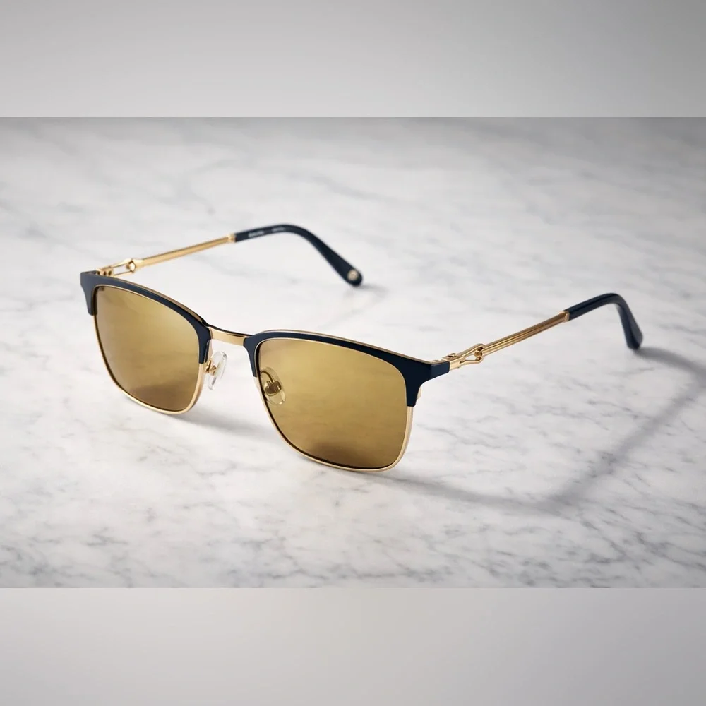 Bulova Endicott Sunglasses Navy Gold Amber Lens Browline w Case Rx lenses